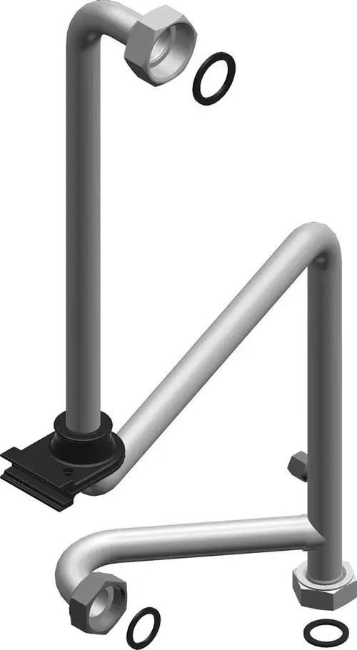 Zwei Metallrohre mit Innengewinde, einem Gummi-O-Ring und einer Halterung. Teil eines Bosch Systems zur Leitung von Flüssigkeiten.